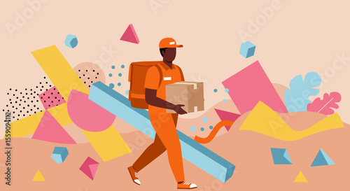 A delivery person in an orange uniform carries a package, walking against a vibrant, abstract background with geometric shapes.