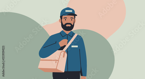 An illustration of a professional male postman wearing a uniform and cap, carrying a satchel against a modern abstract background.