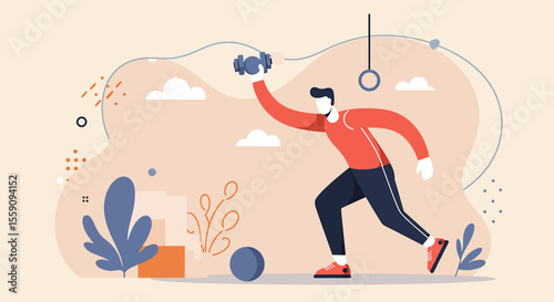 A stylized vector illustration depicts a man in motion, lifting a dumbbell during a workout, set against a backdrop of abstract organic shapes and gym equipment.