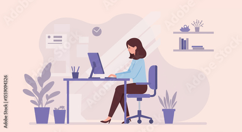 A focused woman works diligently at her computer in a bright, modern office setting, surrounded by plants and organized desk supplies.