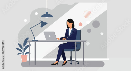 A modern businesswoman sits at her desk, focused on her laptop, in a stylish office setting, working diligently, illuminated by soft lighting, and surrounded by minimalist design.