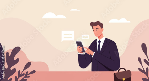 A man dressed in a suit is standing outdoors, engrossed in his phone, with a briefcase at his side. Suitable for landing page, banner, marketing, web design, presentation, infographic, etc.