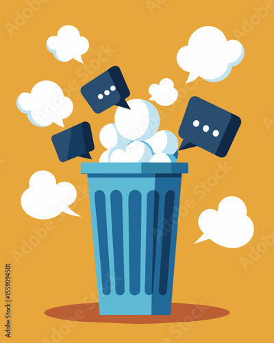A wastebasket overflowing with cled up speech bubbles discarded and forgotten as their suffocating words lose their power.. Vector illustration