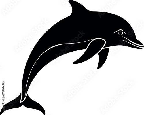 A leaping dolphin in silhouette against a white background