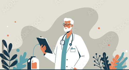 A professional doctor in a white coat and stethoscope examines a medical report while standing near some plants with a neutral background.