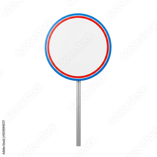 Round Blank Sign on Pole with Blue and Red Border for Custom Messages on White Background PNG