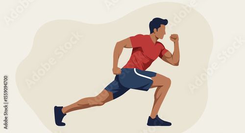 A vector illustration depicts a man in athletic wear performing a dynamic lunge exercise, showcasing fitness, health, and active lifestyle on a neutral background.
