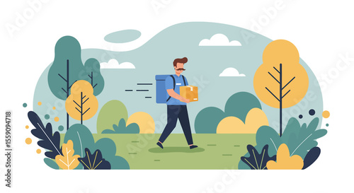 A stylized illustration depicts a swift delivery person carrying a package through a vibrant, abstract outdoor landscape, emphasizing efficient service.