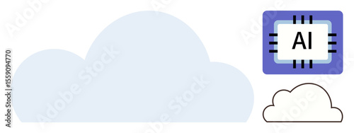 Blue cloud, AI processor chip, outlined cloud graphic combining storage, technology, and connectivity. Ideal for digital transformation, data management, artificial intelligence, innovation cloud