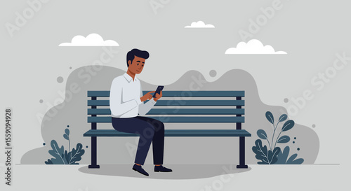 Billede på lærred A man is sitting on a bench, engrossed in his phone, with a backdrop of clouds and plants