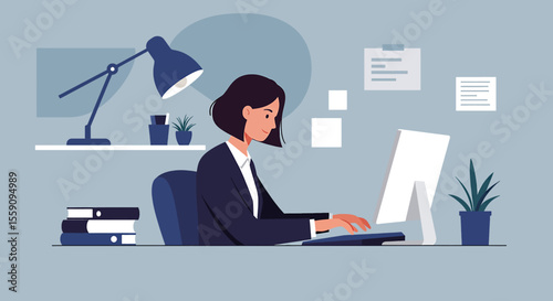 A young businesswoman is efficiently working on her desktop computer in a modern and organized office space, showcasing professionalism and focus.