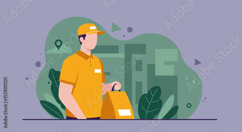 A friendly delivery person in a yellow uniform holds a package, representing efficient and convenient food or parcel delivery services in an urban setting.