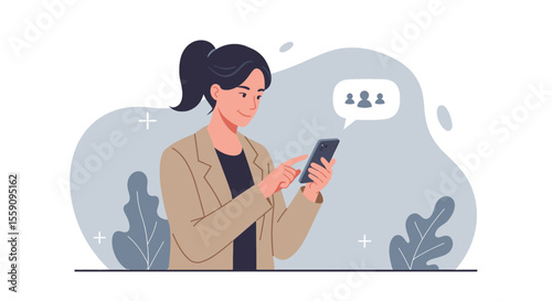 A woman is standing and looking at her smartphone, which has a chat bubble with three people on it. Suitable for landing page, banner, marketing, web design, presentation, infographic, etc.
