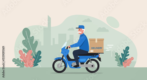 A senior man with a mustache, wearing a blue uniform, is riding a scooter and delivering a package in a modern city setting, showcasing active aging and delivery services.