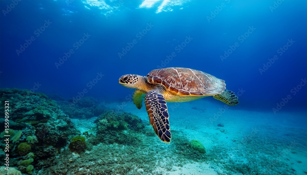 Obraz premium green sea turtle swimming in clear blue tropical water n underwater marine life