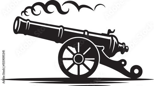 Detailed line art illustration of a cannon with long barrel, large wheels, and smoke trails emanating from the muzzle, rendered in black silhouette style.