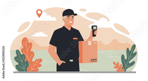 A cheerful delivery person with a package and scanner stands outdoors, ready to deliver goods and provide tracking services.