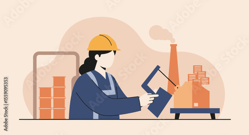 A female construction worker wearing a hard hat operates machinery in a factory setting, with a focus on industry and manufacturing processes.