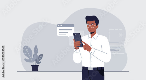 a man holding a cell phone and looking at a document