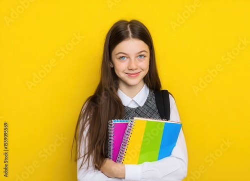 african american girl in red dress holding books on yellow background