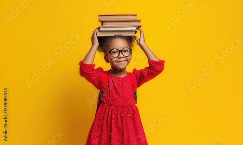 african american girl in red dress holding books on yellow background