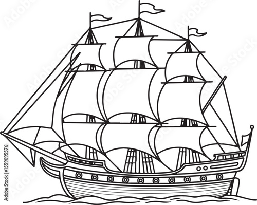  Detailed line art illustration of a sailing ship with multiple masts, sails, hull, and flags atop the masts, rendered in black outline style with a subtle sea base.