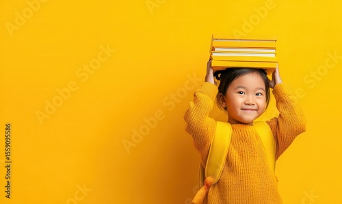 african american girl in red dress holding books on yellow background