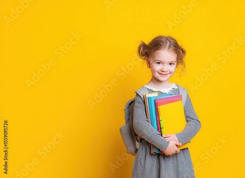 african american girl in red dress holding books on yellow background