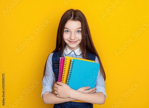 african american girl in red dress holding books on yellow background