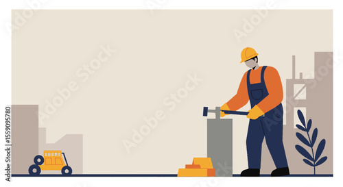 An illustration depicts a construction worker in a yellow hard hat using a hammer on a concrete block, with a vehicle and city buildings in the background.