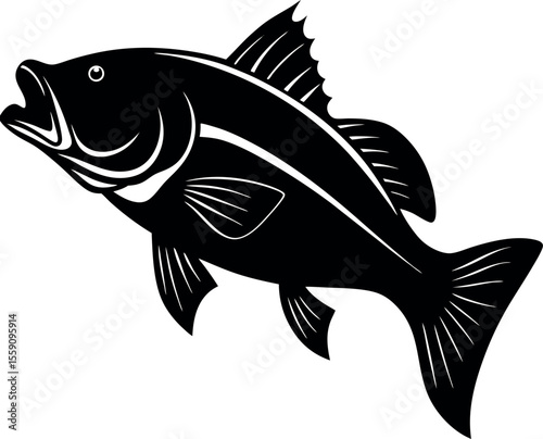 A large dark fish with an open mouth and fins