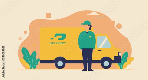 a delivery person standing next to a yellow delivery truck with the word "DELIVERY" on its side. Suitable for landing page, banner, marketing, web design, presentation, infographic, etc.