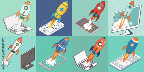 A 3D icon set featuring vibrant blue, orange, and silver rocket ships launching from devices with dynamic particle bursts and clean, minimalist design