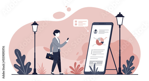 a person walking past a large smartphone displaying a pie chart, with two street lamps in the background. Suitable for landing page, banner, marketing, web design, presentation, infographic, etc.