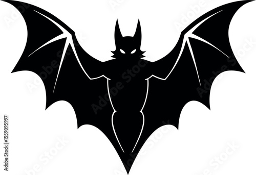 Silhouette of a menacing bat with outstretched wings and glowing eyes