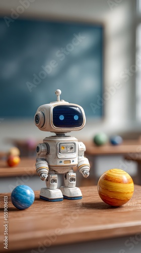 Cute robot toy learning about planets in the classroom ai generated image