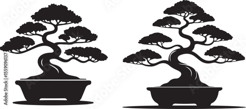  Detailed line art illustration of a bonsai tree with curved trunk, multiple tiers of branches, dense foliage, and shallow rectangular pot, rendered in black silhouette style.