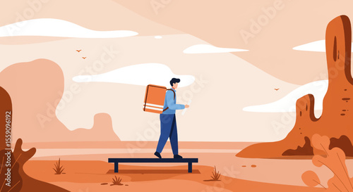 A lone traveler walks on a narrow path through a stylized desert landscape, carrying a large package, symbolizing a challenging journey or business adventure.