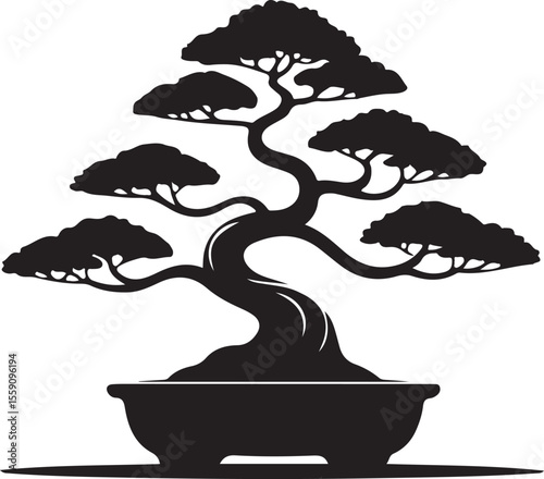  Detailed line art illustration of a bonsai tree with curved trunk, multiple tiers of branches, dense foliage, and shallow rectangular pot, rendered in black silhouette style.