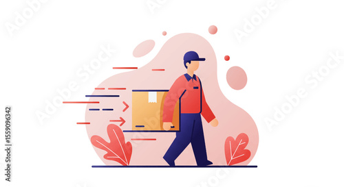 A dynamic illustration portrays a dedicated delivery man swiftly transporting a package, emphasizing speed and reliable logistics service.