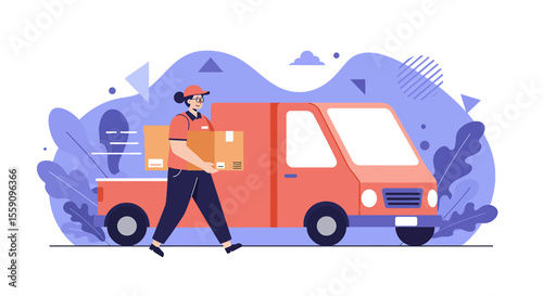 A delivery woman in red uniform carries parcels near a red delivery van, set against a stylized background of purple and teal shapes and leaves, conveying a sense of speed and efficiency in online