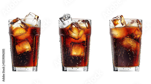 Three tall glasses filled with dark cola soda and plenty of ice cubes offer a refreshing beverage option isolated on a transparent background.