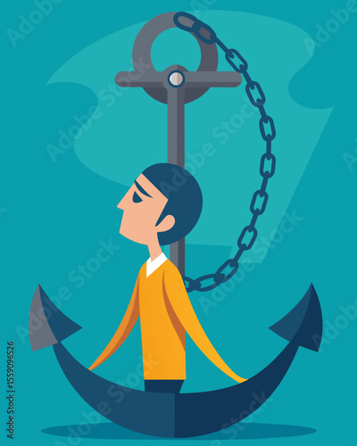 The weight of their negative thoughts dragging them down like a heavy anchor chained to their mind.. Vector illustration
