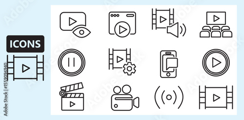 Set of outline icons related to video. Linear icon collection. Editable stroke. Vector illustration. 