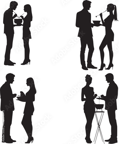Silhouettes of Two Couples Sharing Food and Drinks at a Social Event or Party, Enjoying Each Other’s Company in a Celebratory Atmosphere