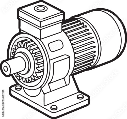 Detailed line art illustration of an electric motor with cylindrical body, gear mechanism, cooling fins, and mounting base with bolts, rendered in black outline style.
