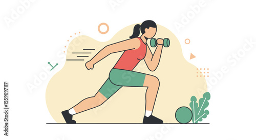 a woman in a red top and green shorts, performing a weightlifting exercise with dumbbells. Suitable for landing page, banner, marketing, web design, presentation, infographic, etc.