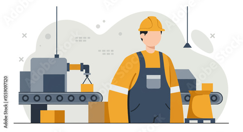 An illustration of a factory worker in a yellow uniform and hard hat, overseeing the production line with boxes and machinery in a modern industrial setting.