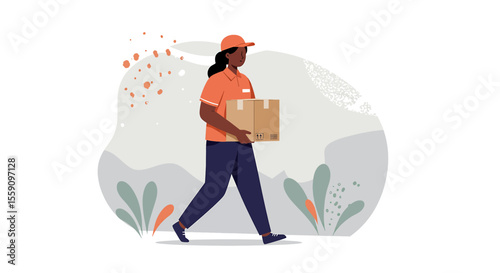 A young woman working as a delivery person walks with a package, showcasing the efficiency and reliability of modern logistics and transportation services.