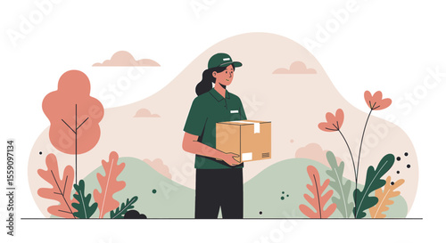 A friendly female delivery person in uniform holds a package outdoors in a stylized, modern illustration with plants and hills.